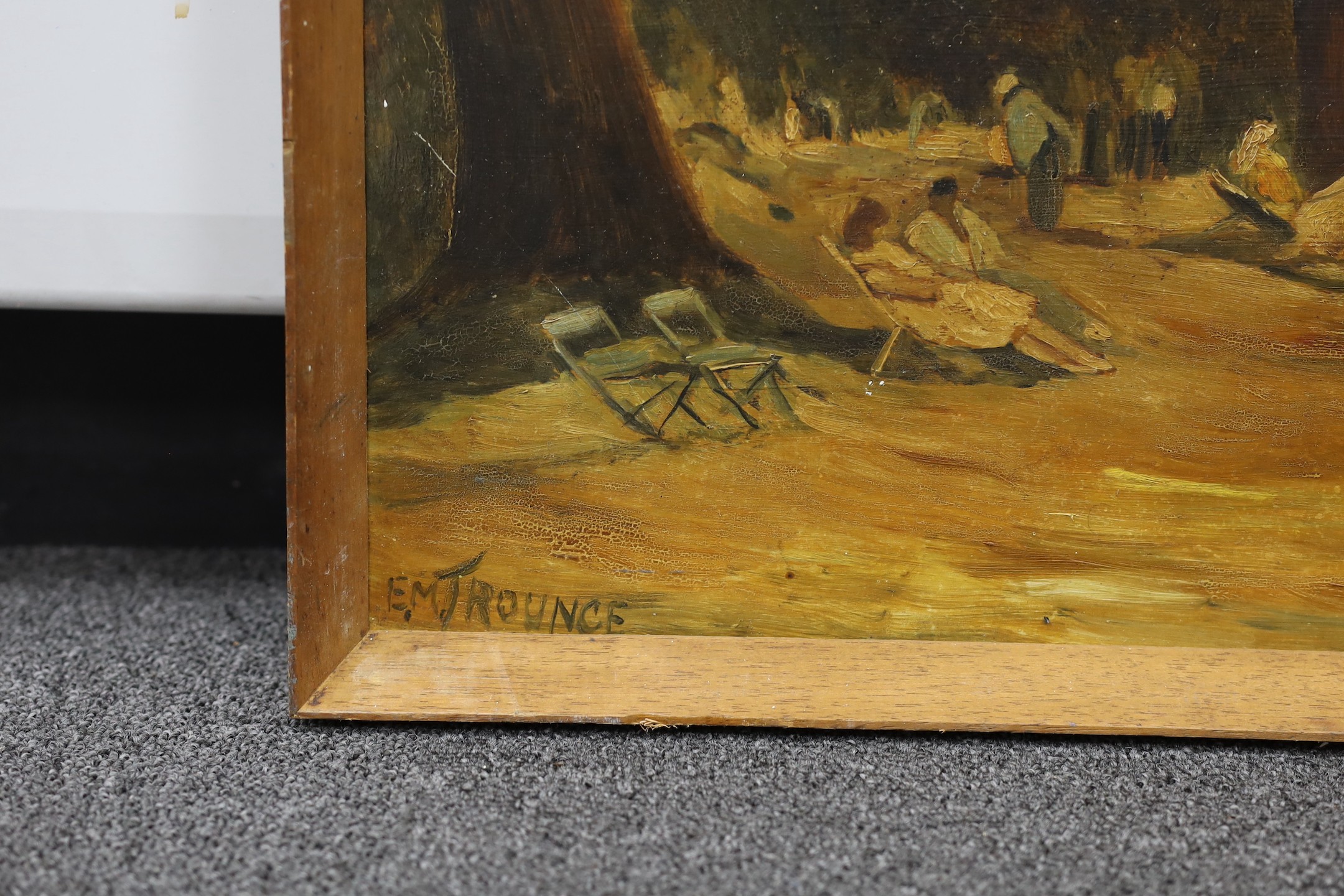 E.M. Trounce, oil on board, Sunbathers beside a lake, signed, 39 x 50cm